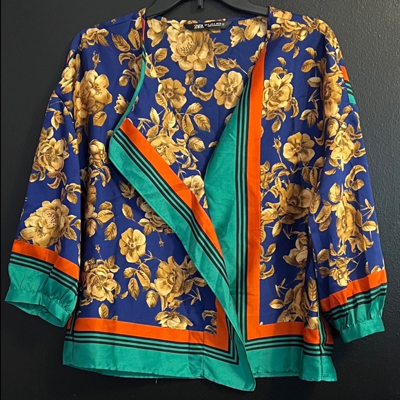 Zara Tops - Zara Gold Floral Scarf Blouse in Royal Blue, Gold & Teal